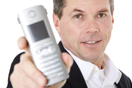 Attractive middle-aged man making a phone call. All on white background.