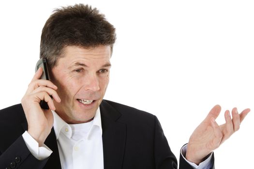 Attractive middle-aged man making a phone call. All on white background.