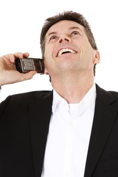 Attractive middle-aged man making a phone call. All on white background.