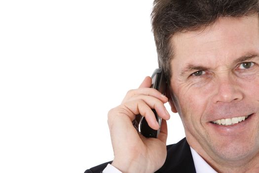 Attractive middle-aged man making a phone call. All on white background. Extra text space on the left.