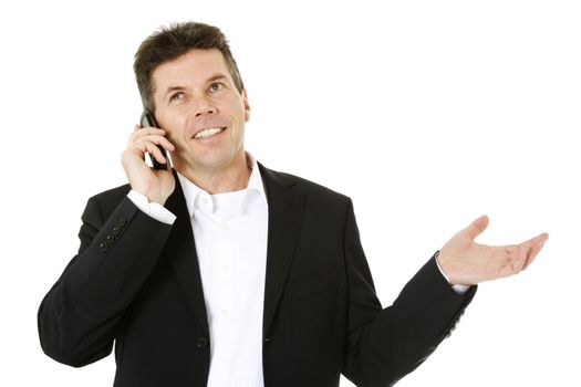 Attractive middle-aged man making a phone call. All on white background.