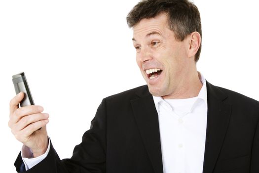 Attractive middle-aged man screaming at telephone. All on white background.