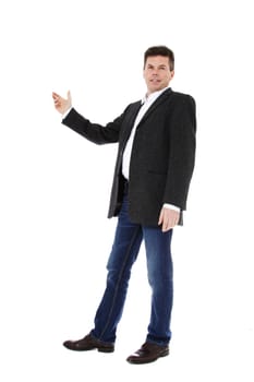 Attractive middle-aged man pointing to the side. All on white background.