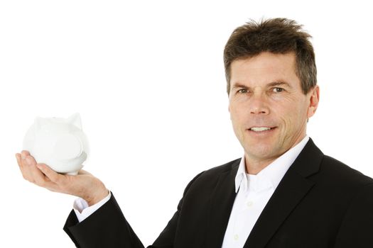 Attractive middle-aged man holding piggy bank. All on white background.