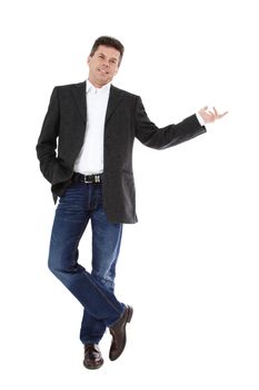 Attractive middle-aged man pointing to the side. All on white background.