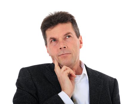 Attractive middle-aged man deliberates a decision. All on white background.