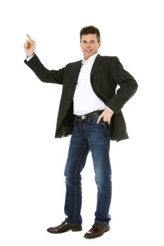 Attractive middle-aged man pointing to the side. All on white background.