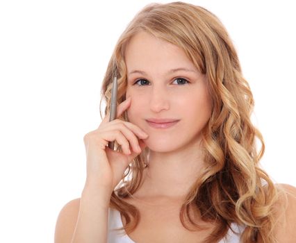 Woman deliberates a decision. All on white background.