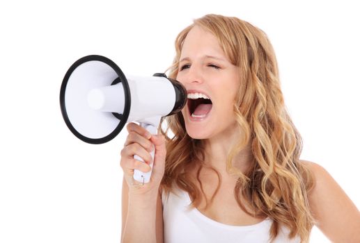 Attractive young woman shouting through megaphone. All on white background.