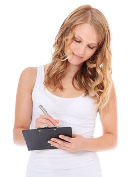 Attractive teenage girl doing a survey. All on white background.