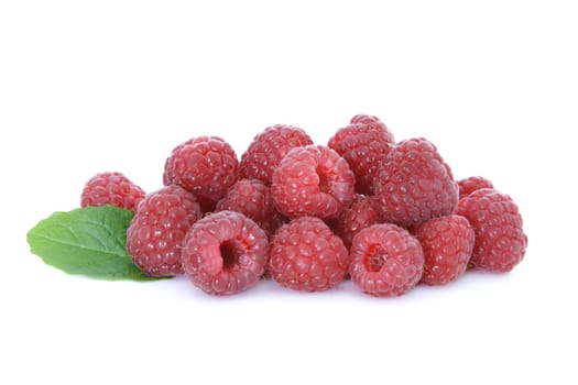 Ripe raspberries on white background.