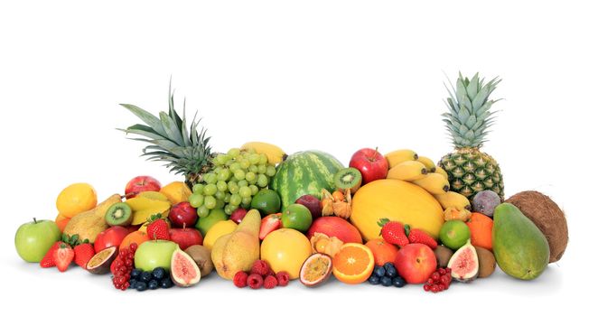Pile of various fruits. Isolated on white background.