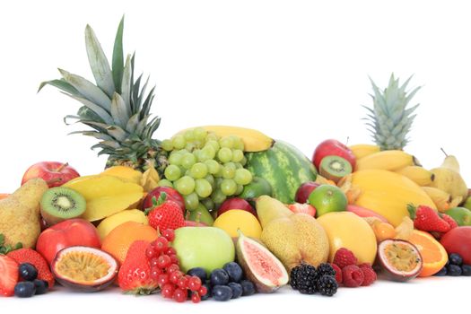 Pile of various fruits. All isolated on white background.