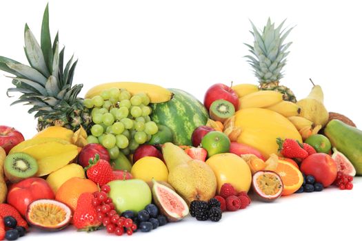 Pile of various fruits. All isolated on white background.