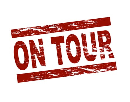 Stylized red stamp showing the term on tour. All on white background.