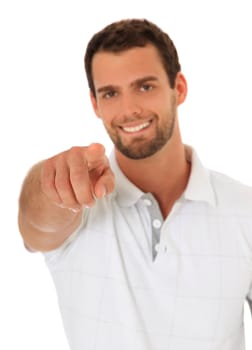 Young guy pointing with finger. All on white background.