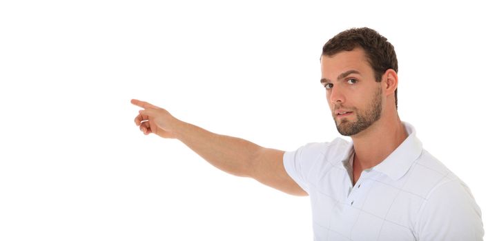 Young guy pointing with finger. All on white background.