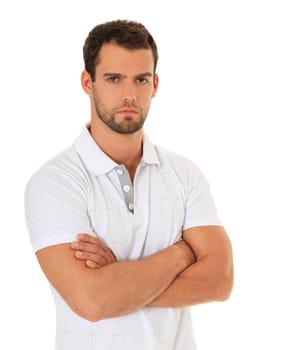 Serious looking man. All on white background.