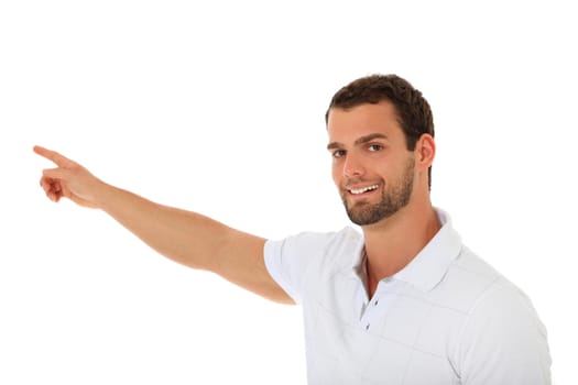 Young man pointing with finger to the side. All isolated on white background.