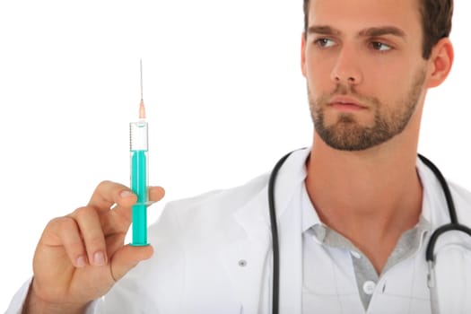 Doctor holding prepared injection. All on white background.