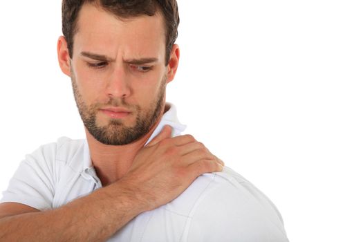 Young guy got muscles tension. All on white background.