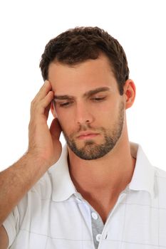 Young guy suffers from a headache. All on white background.