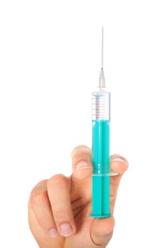 Human hand holding syringe. All on white background.