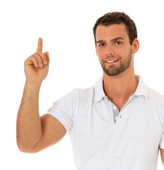 Young guy pointing with finger. All on white background.