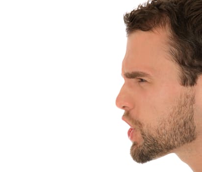 Portrait of an angry man. All on white background. Extra copy space on left side.