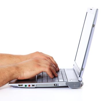 A person working with laptop. All on white background.