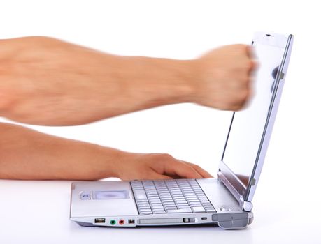 A person punches his laptop. All on white background.