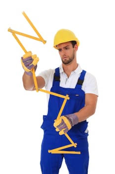 Clumsy construction worker holding folding ruler. All on white background.