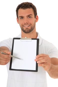 Portrait of a young man pointing on clipboard. All on white background.