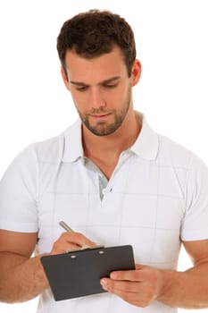 Portrait of a young man writing on clipboard. All on white background.