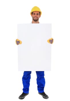 Full length shot of a construction worker holding blank sign. All on white background.