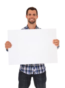 Young man holding blank sign. All on white background.