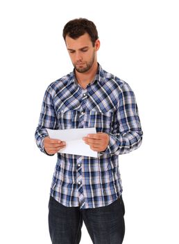 Man reading a letter. All on white background.