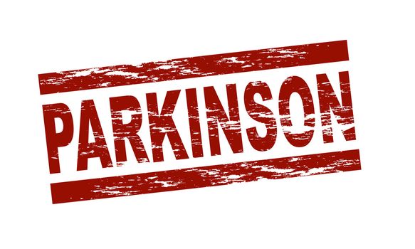 Stylized red stamp showing the term Parkinson. All on white background.