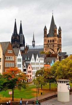 Rhine River Embankment in Cologne in the autumn in cloudy day