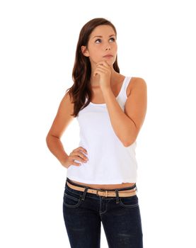 Attractive young woman deliberates a decision. All on white background.