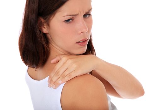 Attractive young woman suffers from neck pain. All on white background.
