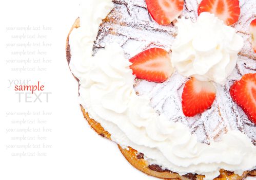 waffle with strawberry and whipped cream, on a white background 