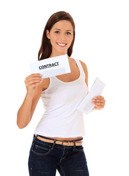 Attractive young woman showing a contract. All isolated on white background.