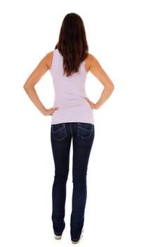 Back view of an attractive young woman. All on white background.