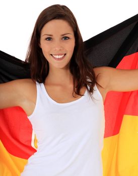 Attractive young woman cheering. All on white background.