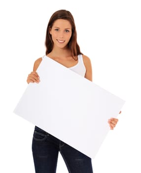 Attractive young woman holding blank white sign. All on white background.