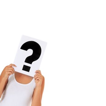 Attractive young woman holding a sign with question mark infront of her face. All isolated on white background.