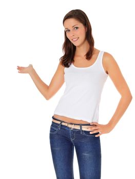 Attractive young woman pointing to the side. All on white background.