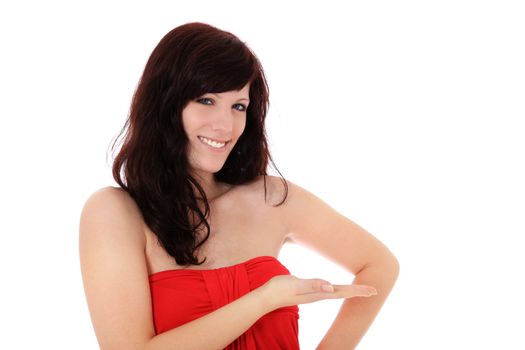Attractive young woman pointing to the side. All on white background.