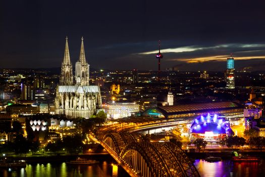 View of Cologne and the Cologne cathedral in the night from height of bird's flight